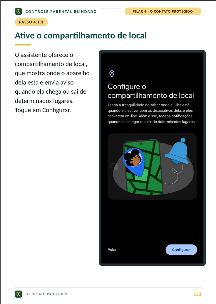 Página 133 do guia mostrando como ativar o compartilhamento de local