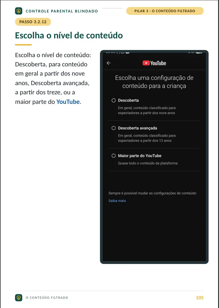 Página 105 do guia mostrando os níveis de conteúdo do YouTube